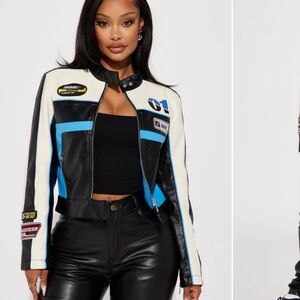 Around The Track Faux Leather Jacket - Blue/Black - racing jacket, moto jacket